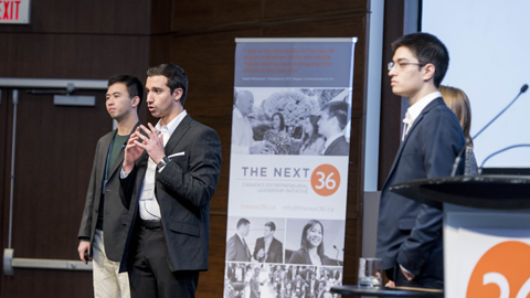 U of T Engineering's James Schuback (centre) presents his project pitch with partner Timothy Ahong (right) at The Next 36’s National Selection Weekend 2013.