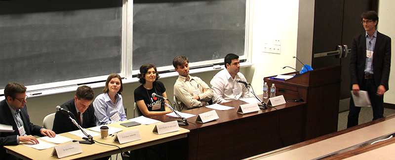 Panellists discuss industry vs. academic research at Connections 2014. From left: Dr. Karl Martin, Professor Jason Anderson, Professor Natalie Enright Jerger, Dr. Inmar Govani, Professor Tony Chan Carusone, and Michael Galle.