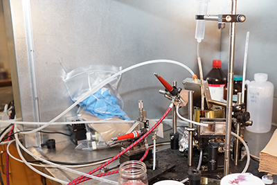 The sprayLD system, built from parts sourced from a steel manufacturing plant and art store.