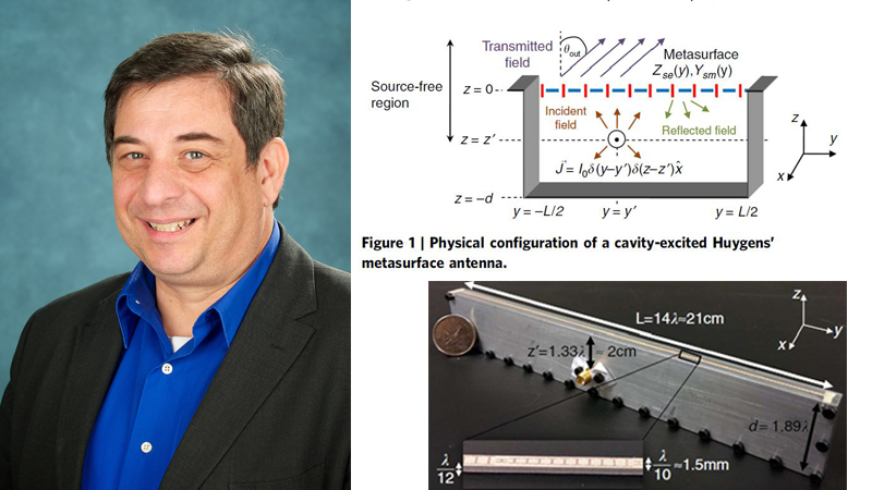 Left: Professor George Eleftheriades. Right: the cavity-excited Huygens' metasurface antenna, illustration and experimentally demonstrated.