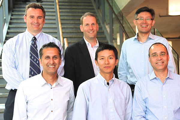 ChipCare Team. From left, back to front: Professor Stewart Aitchison (ECE); James Fraser, CEO; James Dou (ECE PhD candidate), Rakesh Nayyar, Chief Science Officer; Lu Chen (ECE), Post-doctoral fellow; and, Lino DeFacendis of UofT's Innovations & Partnerships Office.
