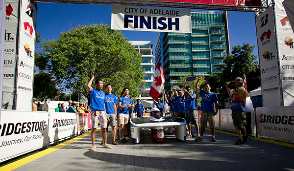 Blue Sky Solar Racing Team crosses the finish line in Adelaide, Australia with an eighth-place finish.