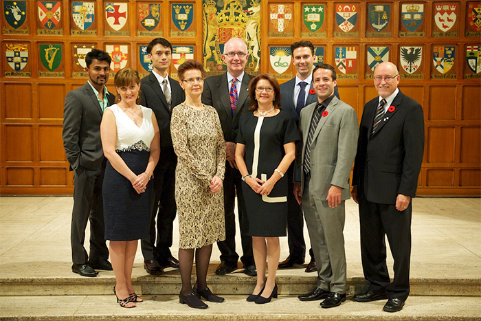 Engineering Alumni Association awards recipients for 2013, including Anthony Lacavera (back row at far right) and Mike Branch (front row, second from right).