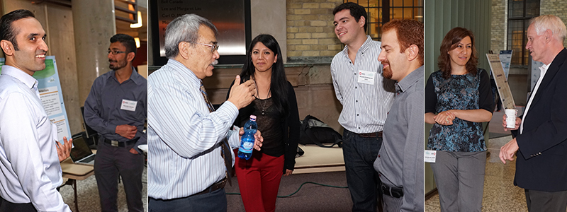 From left: SAVI testbed architect Hadi Bannazadeh speaks with ECE student Spandan Bemby; Professor Leon-Garcia chats with students; David Mann discusses Mahsa Derakhshani's poster with her.