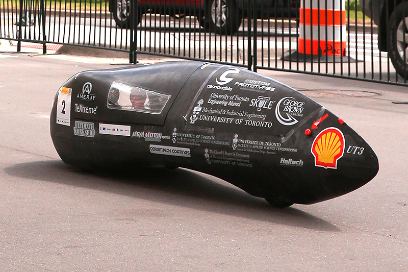 The University of Toronto Supermileage team's UT3 gasoline prototype vehicle takes to the track in Detroit, Michigan. (Rex Larsen/AP Images for Shell)