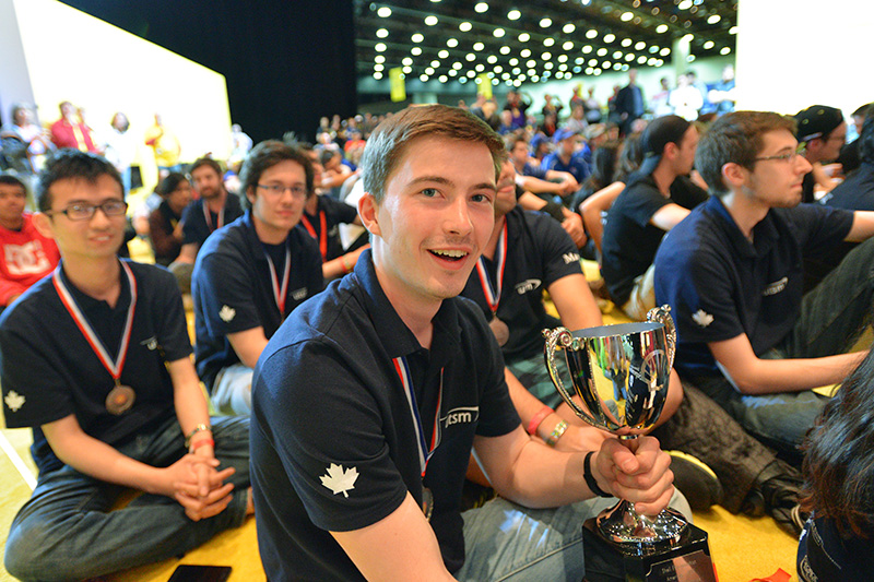 The University of Toronto Supermileage celebrates after winning the Prototype Shell Nitrogen Enriched Gasoline 1st Place trophy during the closing ceremony of the Shell Eco-marathon Americas 2015. (Bryan Mitchell/AP Images for Shell)