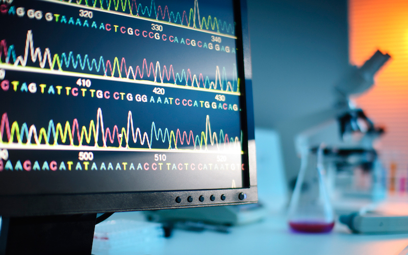 A computer screen displays a readout of genetic data.,