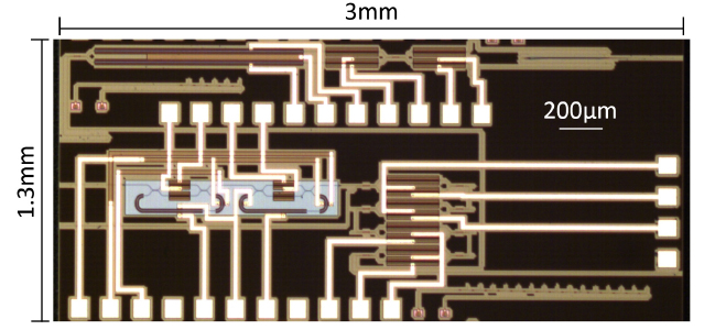 The silicon photonic integrated circuit transmitter(above) integrates two identical ring modulators, a variable optical attenuator and a polarization modulator. Traditional quantum photonics relies on much larger and more expensive devices.