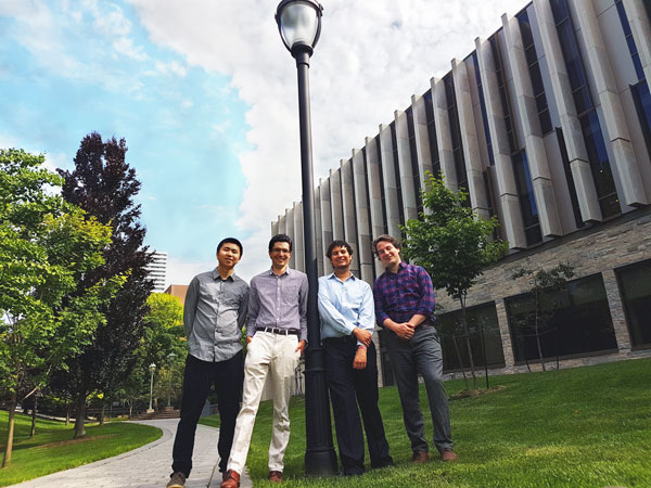 U of T Engineering students Andy Liao (Year 2 CivE), Ernesto Diaz Lozano Patiño (CivE 1T5 + PEY, MASc candidate), Alejandro Sarellano Acevedo (ECE MEng candidate), and Mackenzie de Carle (Year 3 CivE) are members of the team that earned a $20,000 prize for their proposal to install solar-powered street lighting in Mexico City’s Toltenco community.