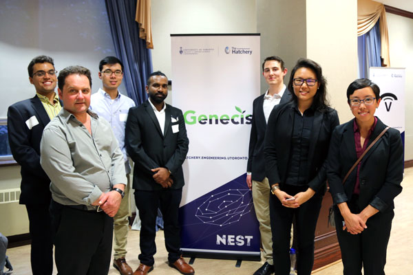 Left to right: Marcos Ingreja, Walter Pawliw, Bowen Li (ChemE 1T7), Hasitha de Alwis, Robert Fairley (Year 3 ECE), Luna Yu and Kaitlyn Chow are the members of Team Genecis. They won the $20,000 Lacavera Prize at this year’s Hatchery Demo Day (Photo: Tyler Irving)