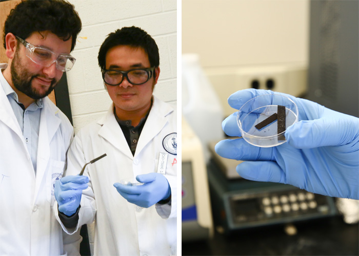 Pelayo Garcia De Arquer (left) and Cao-Thang Dinh (right) examine a wafer coated in their new catalyst, which lowers the amount of electricity required to split water into hydrogen and oxygen under pH-neutral conditions. (Photo: Tyler Irving)
