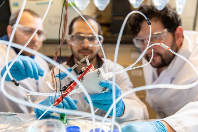 Left to right: Adnan Ozden (MIE PhD candidate), Joshua Wicks (ECE PhD candidate), and F. Pelayo García de Arquer (ECE postdoctoral fellow) are among the team members who have designed an electrolyzer that converts CO2 to valuable products 10 times faster than previous versions. (Photo: Daria Perevezentsev)