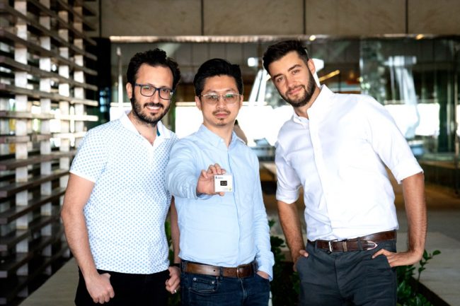 Left to right: Postdoctoral fellows Erkan Aydin (KAUST), Yi Hou (University of Toronto) and Michele De Bastiani (KAUST) are part of an international team that has designed a new type of tandem solar cell. The device combines industry standard silicon manufacturing with new perovskite technology. (Photo courtesy Andrea Bachofen-Echt / KAUST)
