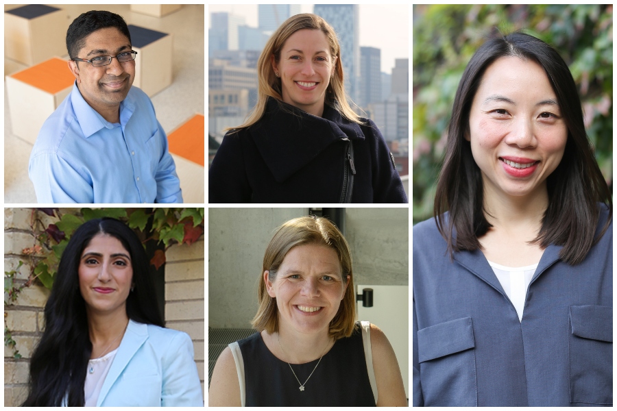From top left, clockwise: Professors Chirag Variawa (ISTEP), Marianne Touchie (CivMin), Aimy Bazylak (MIE), Natalie Enright Jerger (ECE) and Elham Marzi (ISTEP). (Photos: Laura Pederson, Kevin Soobrian and Roberta Baker)