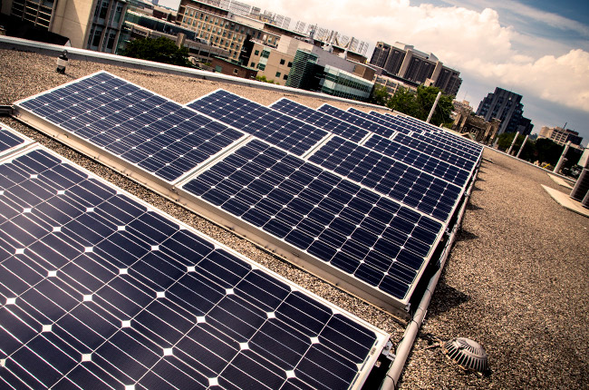 Part of the new DC microgrid, these commercial-scale solar arrays on the roof of the Galbraith Building deliver electric power to ECE’s Energy Systems Lab. (Photo: Afshin Poraria)