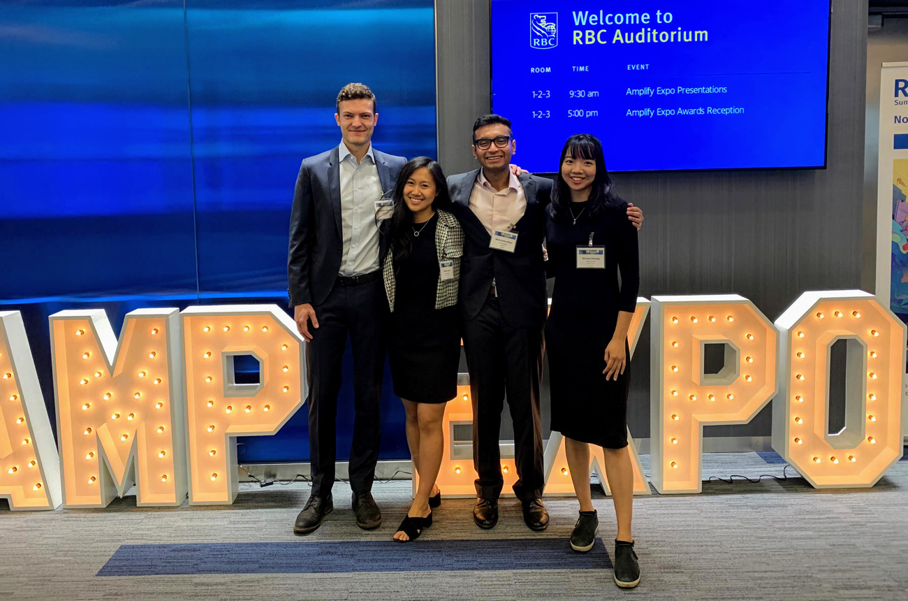 Left to right: Benjamin Labrecque, McGill University; Jenny Guan, McGill University; Mohaimen Khan (CompE 1T9 + PEY) and Mandy Cheung, Simon Fraser University at the RBC Amp Expo in Summer 2019. This team was recently granted a patent for a smart algorithm that predicts the price range of winning rent bids, a tool that could help tenants in urban centres. (Photo courtesy Mohaimen)