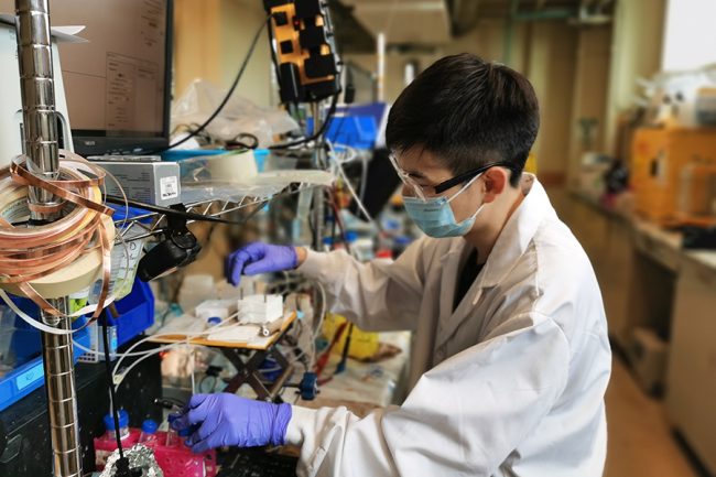 PhD candidate Jianan Erick Huang works on an electrolyzer in the lab of Professor Ted Sargent at the University of Toronto. The team has developed a new process for converting dissolved CO2 into higher-value products, such as ethylene. Unlike previous systems, the team’s electrolyzer can be run under strongly acidic conditions, greatly increasing the proportion of carbon that is converted. (Photo: Geonhui Lee)