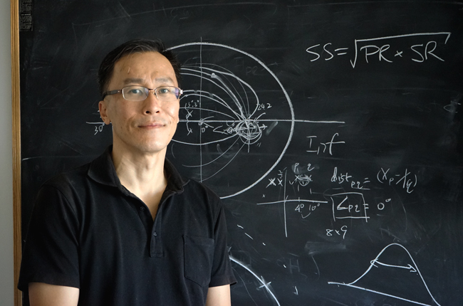 ECE Professor Willy Wong has discovered a mathematical relationship in the sensory adaption response curve that is true for all sensory modalities and all organisms. The equation (top-right) is SS = √PR x SR. (Photo: Matthew Tierney)