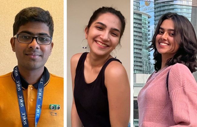 Left to right: Vishweswar Eswaran (Year 1 ElecE), Maansi Suri (Year 1 MechE) and Angel Rajotia (Year 1 EngSci) are this year’s Pearson Scholars from U of T Engineering. (Photos submitted)