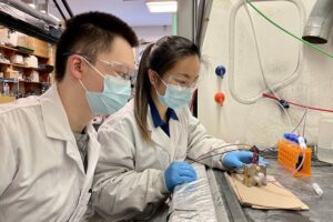 U of T Engineering researchers Shijie Liu and Celine Xiao in the lab