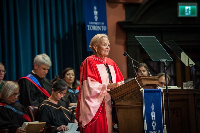 Loretta Rogers (Hon LLD 2018), speaking at U of T Convocation in 2018. (Photo: Lisa Sakulensky)