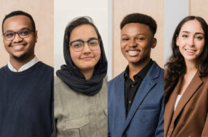 Third from left, Muhammed Yakubu (Year 3 CompE) has won a RBC Scholarship for Diversity and Innovation in Technology. Other winners include U of T students (left to right) Mouaid Alim, Sana Hashim and Yara Nassar. (Photo: Alyssa K. Faoro)