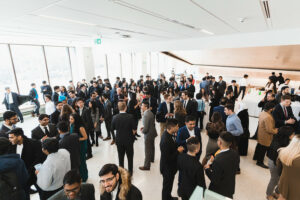 People gathering and celebrating in atrium