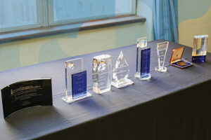 A line of various trophies hit by the sun on a desk